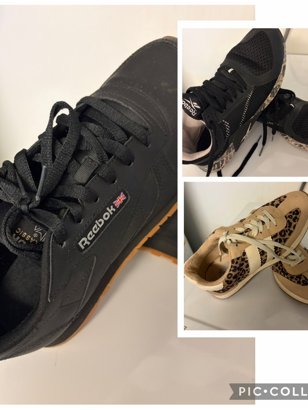 Three athletic shoes: Dolce Vita (animal print) and two Reebok tennis shoes